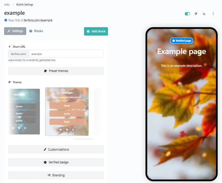Screenshot of the app biolink editing page