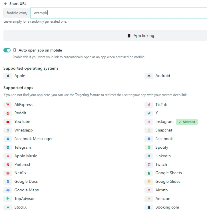 Screenshot of the app short URL editing page
